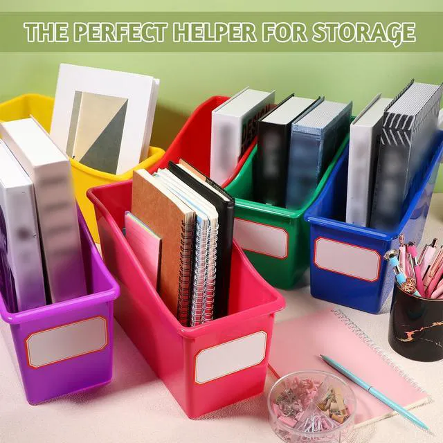 Alt view image 4 of 6 - 12 Pcs Book Bins Bulk for Classroom Storage Plastic Magazine Holder with Label Interlocking File Folder Organizer Binder Container Box for School Office Desktop Bookshelf Home (Rainbow)