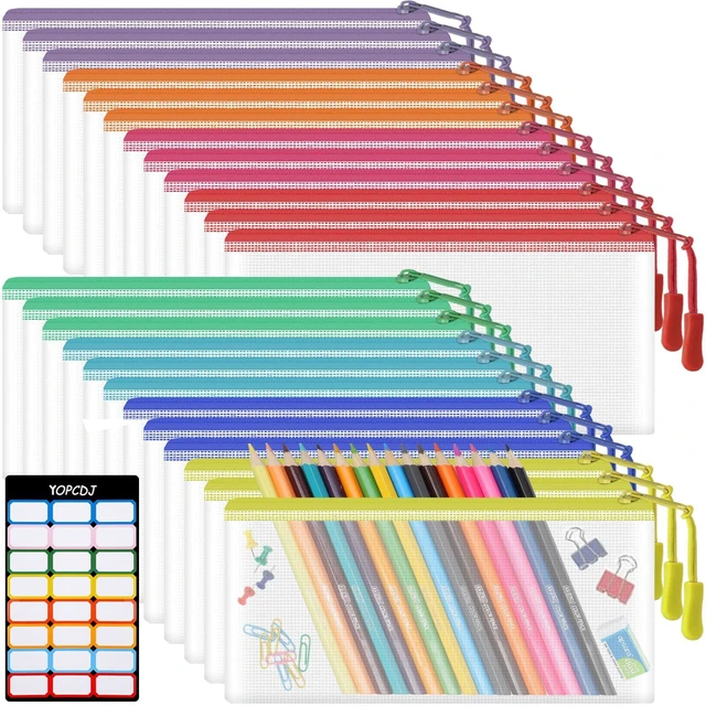Main image of 24pcs Mesh Zipper Pouch Bags 9.3 x 4.7 Inches, 8 Color Small Clear Pouches Bulk, Travel Cosmetics Organization, Classroom and Office Supplies