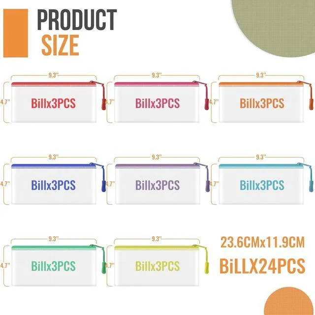 Alt view image 3 of 7 - 24pcs Mesh Zipper Pouch Bags 9.3 x 4.7 Inches, 8 Color Small Clear Pouches Bulk, Travel Cosmetics Organization, Classroom and Office Supplies