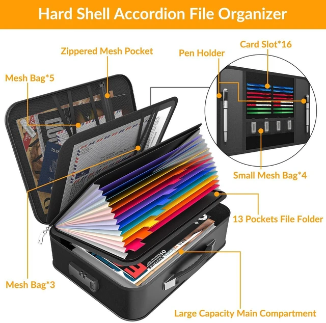 Alt view image 3 of 7 - Hard Case Fireproof Document Box with Lock Zipper Important File Organizer Waterproof Portable Home Office Travel Storage Accordion Folder for Letter A4 Laptop Files