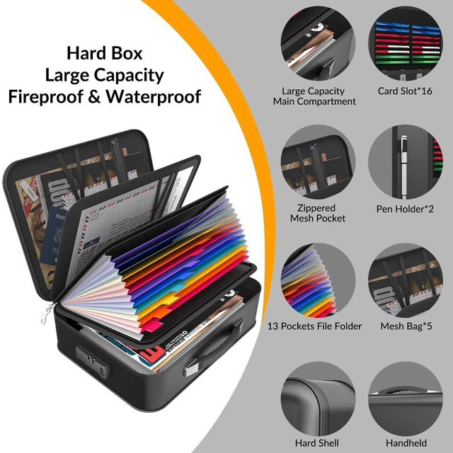 Alt view image 4 of 7 - Hard Case Fireproof Document Box with Lock Zipper Important File Organizer Waterproof Portable Home Office Travel Storage Accordion Folder for Letter A4 Laptop Files