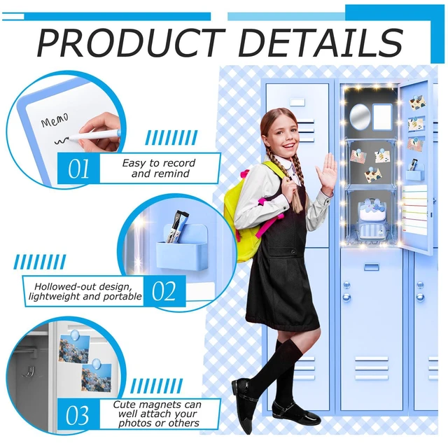 Alt view image 4 of 7 - 11 Pcs Back to School Locker Accessories Kit, Light Blue, Classic Locker Shelf Magnetic Mirror Rug Weekly Schedule Whiteboard Pen Holder Marker and More, Locker Decor and Storage Needs