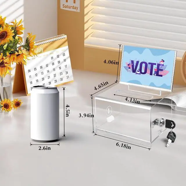 Alt view image 6 of 6 - Clear Donation Box with Lock,Ballot Box with Sign Holder,Suggestion Boxes for Fundraising, Tip Jar with Slot for School,Conference 6.2x4.6x3.9 Inch