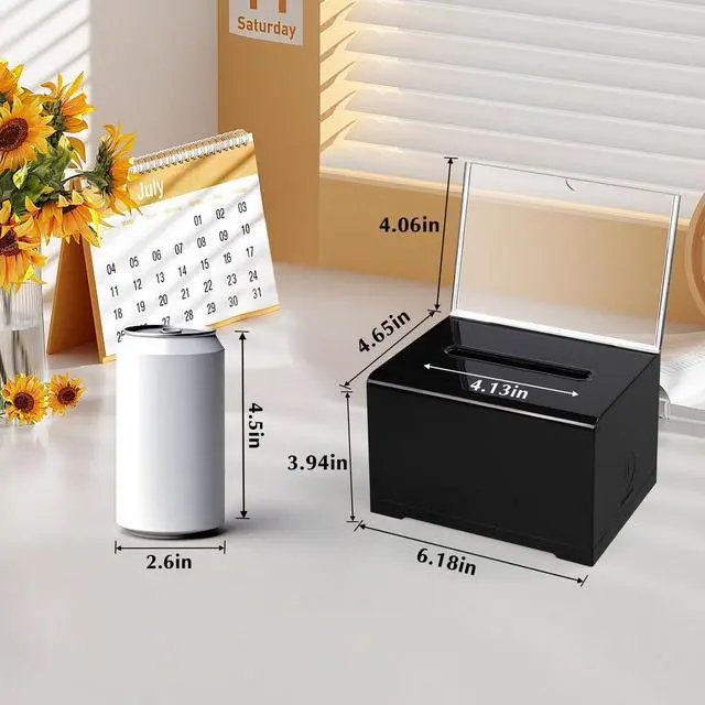 Alt view image 6 of 6 - Acrylic Donation Box with Lock, Black Tip Jar with Sign Holder Suggestion Box for Fundraising, Ballot Box with Slot for School, Donation, Bar, School Voting, 6.2x4.6x3.9 Inch