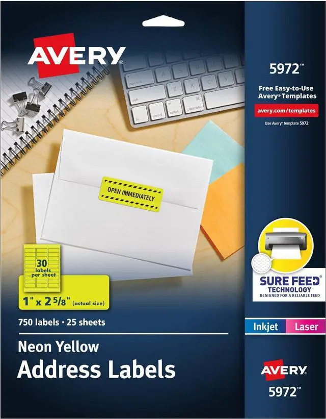 Main image of Printable Address Labels, Sure Feed Technology, 1" x 2-5/8", Neon Yellow, Laser & Inkjet Compatible, 750 Blank Labels, Great for Branding, Mailing, Organizing, and More (5972), (Pack of 5)