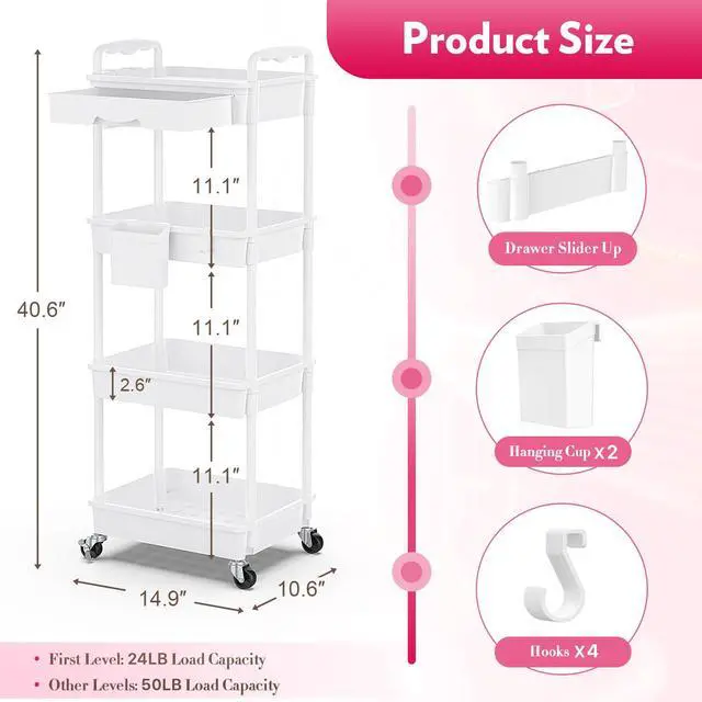Alt view image 2 of 7 - Makeup Cart Organizer with Drawer,4 Tier Rolling Makeup Cart, White Rolling Vanity Storage for Skin Care Perfume Nail Polish, Floor Skincare Organizers Cosmetics Display Bathroom Storage Cart