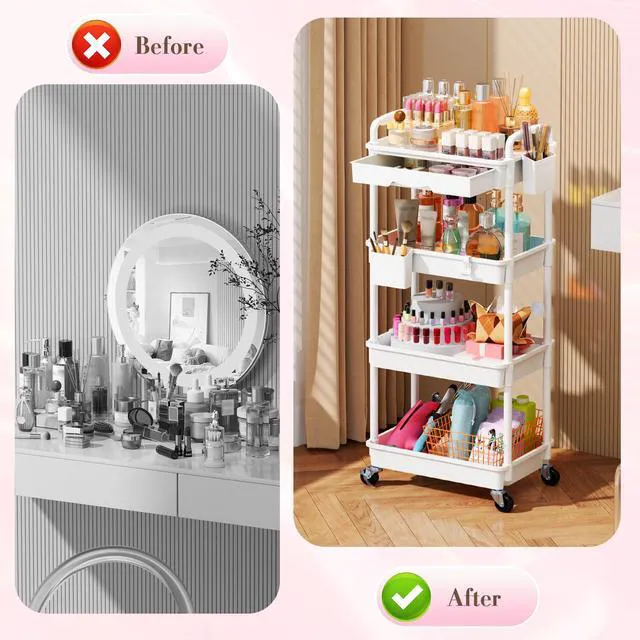 Alt view image 4 of 7 - Makeup Cart Organizer with Drawer,4 Tier Rolling Makeup Cart, White Rolling Vanity Storage for Skin Care Perfume Nail Polish, Floor Skincare Organizers Cosmetics Display Bathroom Storage Cart