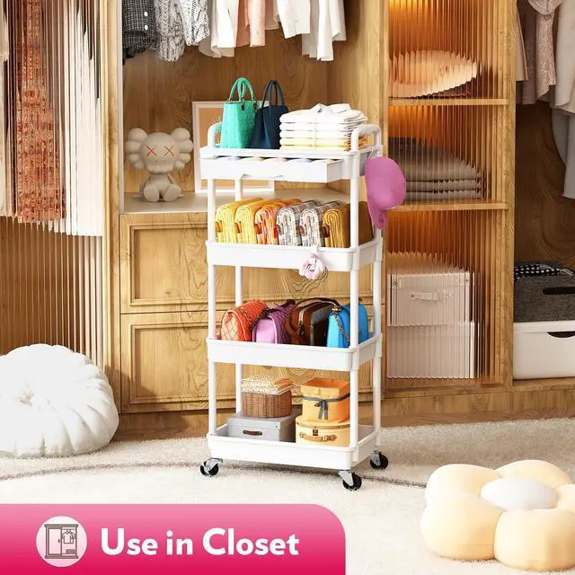 Alt view image 5 of 7 - Makeup Cart Organizer with Drawer,4 Tier Rolling Makeup Cart, White Rolling Vanity Storage for Skin Care Perfume Nail Polish, Floor Skincare Organizers Cosmetics Display Bathroom Storage Cart