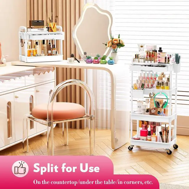 Alt view image 7 of 7 - Makeup Cart Organizer with Drawer,4 Tier Rolling Makeup Cart, White Rolling Vanity Storage for Skin Care Perfume Nail Polish, Floor Skincare Organizers Cosmetics Display Bathroom Storage Cart