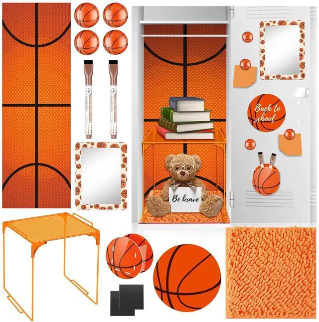 Main image of 14 Pcs Locker Accessories Kit Basketball Themed Locker Organizer Magnetic Whiteboard Mirror Pen Holder Basketball Stickers for Back to School Essentials Locker Decorations