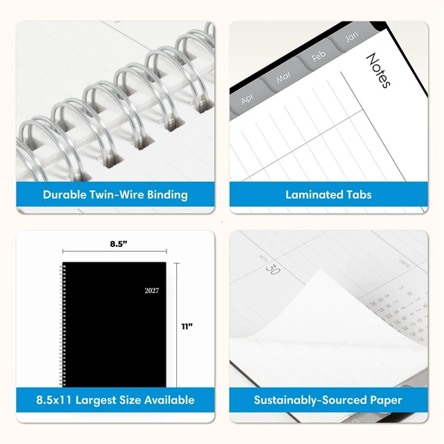 Alt view image 7 of 7 - 2027 Weekly & Monthly Planner Calendar, 8.5"x11", Enterprise January 2027 - December 2027, Flexible Cover, Durable Twin Wire Binding, Laminated Tabs, Storage Pocket