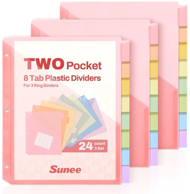 Main image of 8 Tab Dividers with Pockets, Plastic Dividers for 3 Ring Binder, Subject Dividers with 2 Pockets, Binder Dividers for School Office Home Supplies, Soft Color, 3 Set