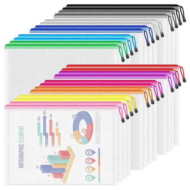 Main image of A4/Letter Size Zipper Pouch, 24pcs Mesh Zipper Bags for Organizing Multipurpose Waterproof Storage Zipper Bags for School Papers, Office Files, Crafts, Home Storage, 13.3" x 9.4", 12 Colors