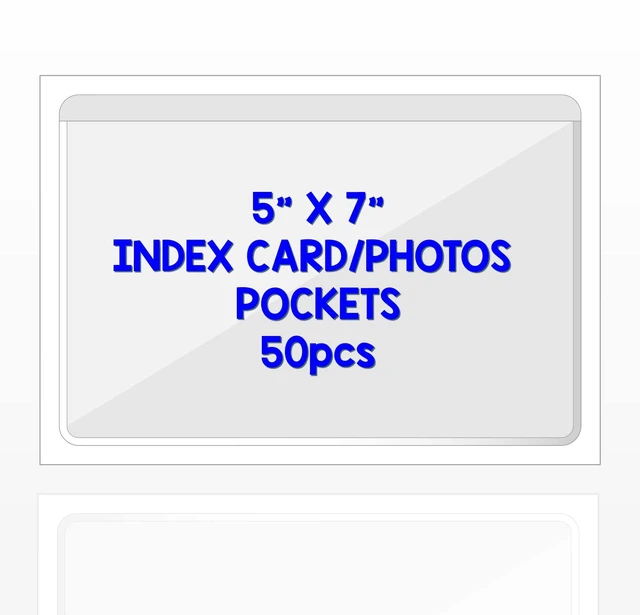Main image of Clear Adhesive Index Card Pockets, 5" x 7", 50 Pack Top Open for Loading, Plastic Labels Holders, For Storage Bins and Library Card, Organizing and Protecting Cards or Photos