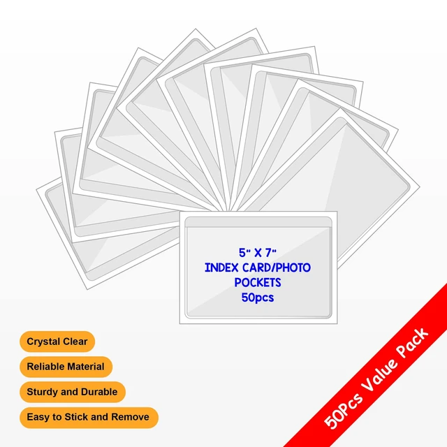Alt view image 3 of 6 - Clear Adhesive Index Card Pockets, 5" x 7", 50 Pack Top Open for Loading, Plastic Labels Holders, For Storage Bins and Library Card, Organizing and Protecting Cards or Photos