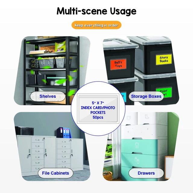 Alt view image 5 of 6 - Clear Adhesive Index Card Pockets, 5" x 7", 50 Pack Top Open for Loading, Plastic Labels Holders, For Storage Bins and Library Card, Organizing and Protecting Cards or Photos