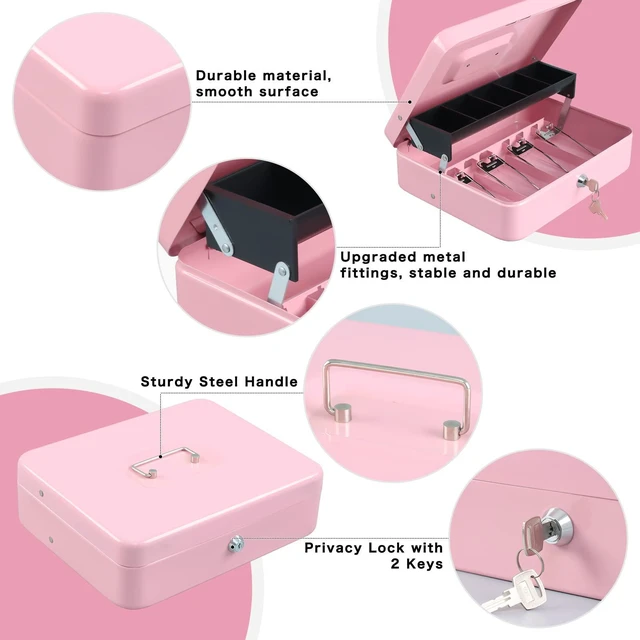Alt view image 2 of 7 - Cash Box with Key Lock, Metal Money Box, Safe Storage box, Pink Cash Box with Money Tray and Key Lock,Tiered, Cantilever Design,4 Bill / 5 Coin Slots,11.8" x 9.5" x 3.5"