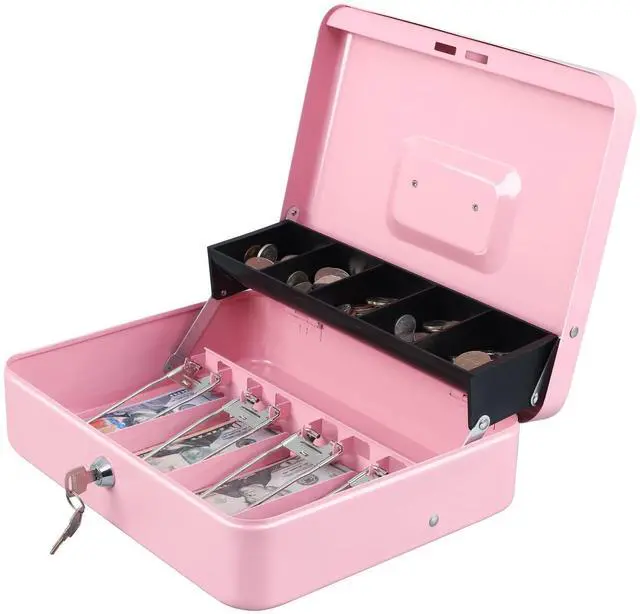 Main image of Cash Box with Key Lock, Metal Money Box, Safe Storage box, Pink Cash Box with Money Tray and Key Lock,Tiered, Cantilever Design,4 Bill / 5 Coin Slots,11.8" x 9.5" x 3.5"
