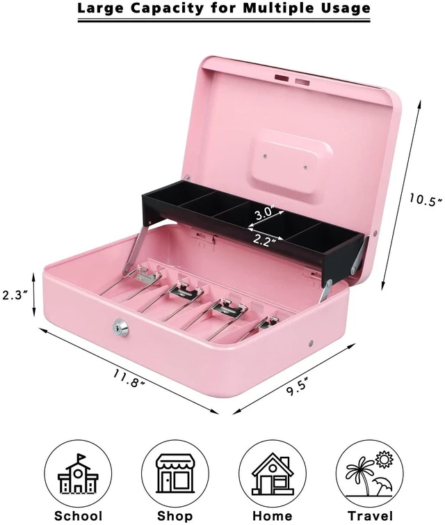 Alt view image 3 of 7 - Cash Box with Key Lock, Metal Money Box, Safe Storage box, Pink Cash Box with Money Tray and Key Lock,Tiered, Cantilever Design,4 Bill / 5 Coin Slots,11.8" x 9.5" x 3.5"