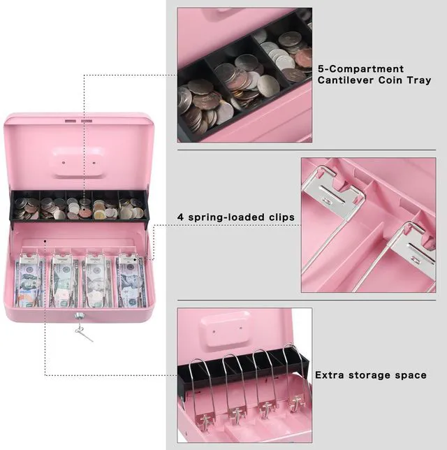 Alt view image 4 of 7 - Cash Box with Key Lock, Metal Money Box, Safe Storage box, Pink Cash Box with Money Tray and Key Lock,Tiered, Cantilever Design,4 Bill / 5 Coin Slots,11.8" x 9.5" x 3.5"