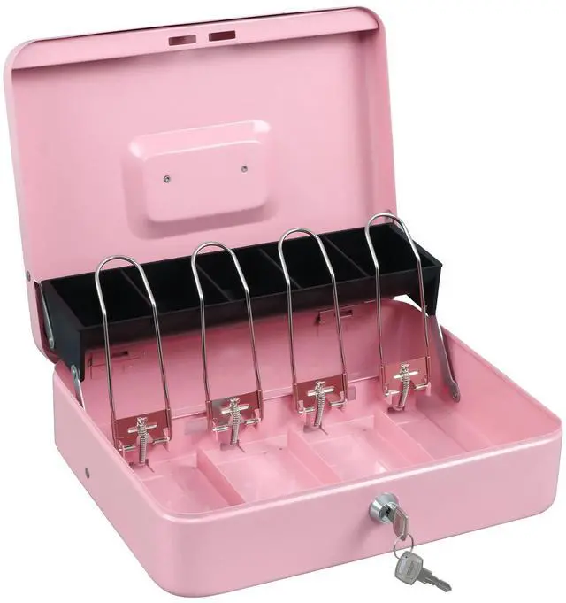 Alt view image 6 of 7 - Cash Box with Key Lock, Metal Money Box, Safe Storage box, Pink Cash Box with Money Tray and Key Lock,Tiered, Cantilever Design,4 Bill / 5 Coin Slots,11.8" x 9.5" x 3.5"