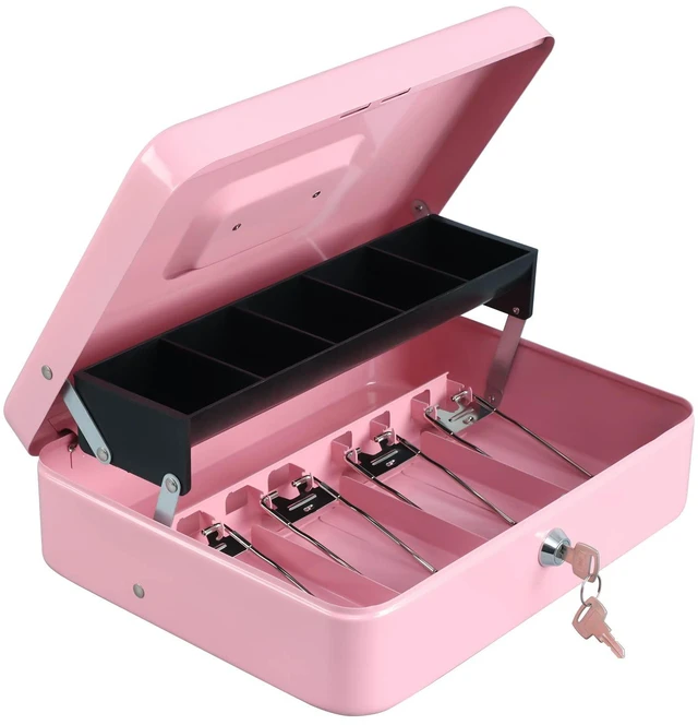 Alt view image 7 of 7 - Cash Box with Key Lock, Metal Money Box, Safe Storage box, Pink Cash Box with Money Tray and Key Lock,Tiered, Cantilever Design,4 Bill / 5 Coin Slots,11.8" x 9.5" x 3.5"