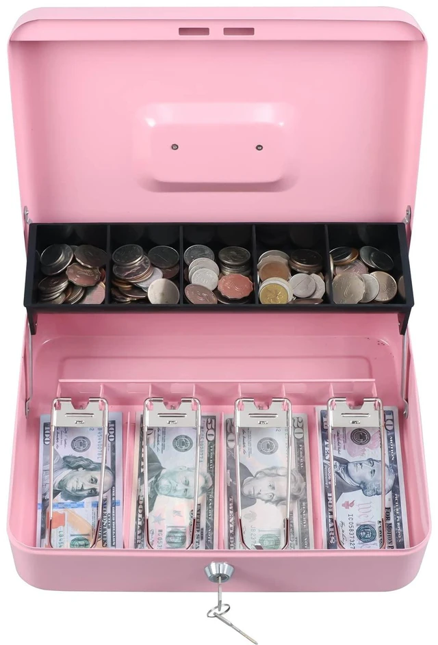 Alt view image 5 of 7 - Cash Box with Key Lock, Metal Money Box, Safe Storage box, Pink Cash Box with Money Tray and Key Lock,Tiered, Cantilever Design,4 Bill / 5 Coin Slots,11.8" x 9.5" x 3.5"