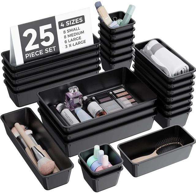 Main image of 25 PCS Plastic Drawer Organizers Set, 4-Sizes Vanity and Makeup Organizer, Desk and bathroom Drawer Organizer Trays, Organizers and Storage for Makeup, Jewelry, Gadgets, Utensils (Black)