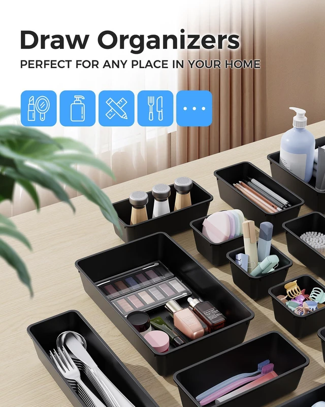 Alt view image 3 of 7 - 25 PCS Plastic Drawer Organizers Set, 4-Sizes Vanity and Makeup Organizer, Desk and bathroom Drawer Organizer Trays, Organizers and Storage for Makeup, Jewelry, Gadgets, Utensils (Black)