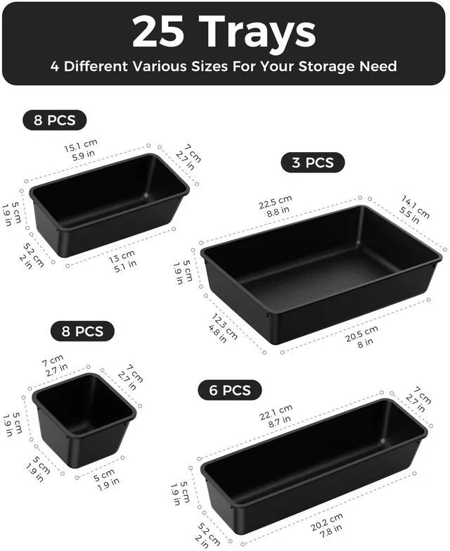 Alt view image 2 of 7 - 25 PCS Plastic Drawer Organizers Set, 4-Sizes Vanity and Makeup Organizer, Desk and bathroom Drawer Organizer Trays, Organizers and Storage for Makeup, Jewelry, Gadgets, Utensils (Black)