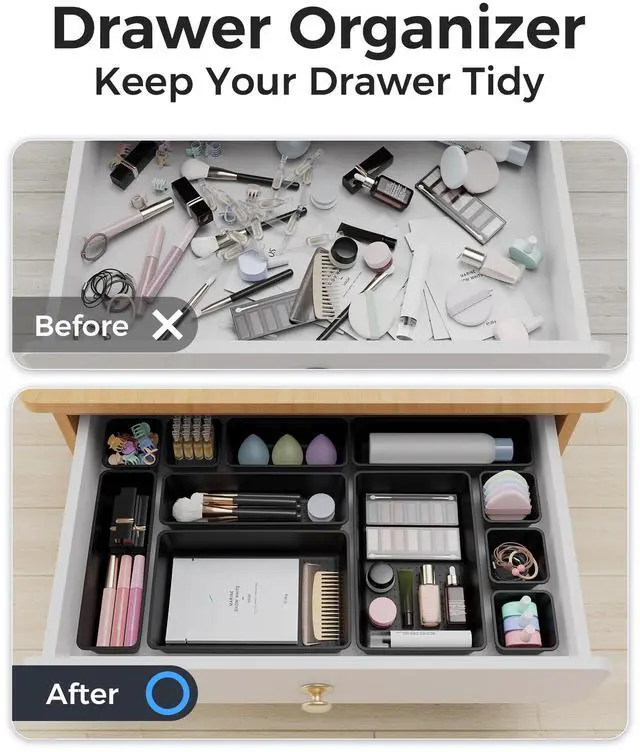 Alt view image 4 of 7 - 25 PCS Plastic Drawer Organizers Set, 4-Sizes Vanity and Makeup Organizer, Desk and bathroom Drawer Organizer Trays, Organizers and Storage for Makeup, Jewelry, Gadgets, Utensils (Black)
