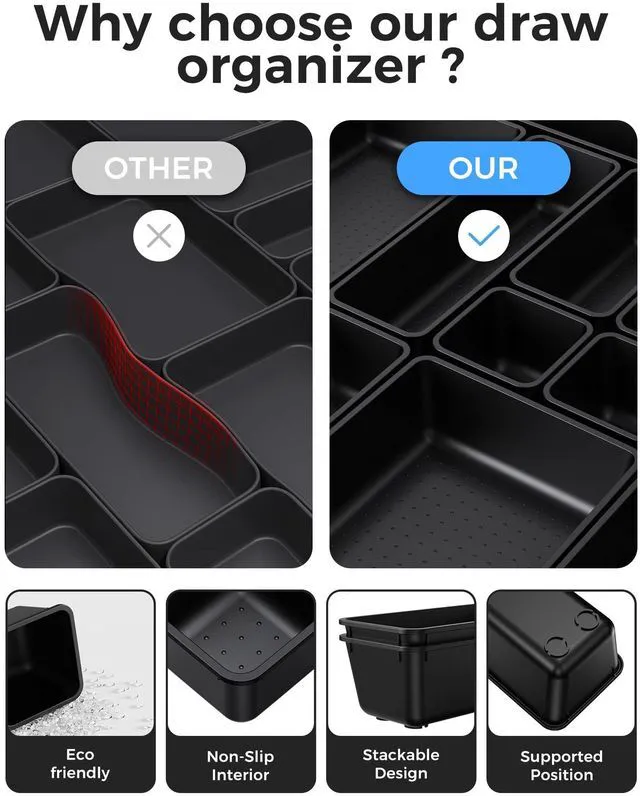 Alt view image 5 of 7 - 25 PCS Plastic Drawer Organizers Set, 4-Sizes Vanity and Makeup Organizer, Desk and bathroom Drawer Organizer Trays, Organizers and Storage for Makeup, Jewelry, Gadgets, Utensils (Black)