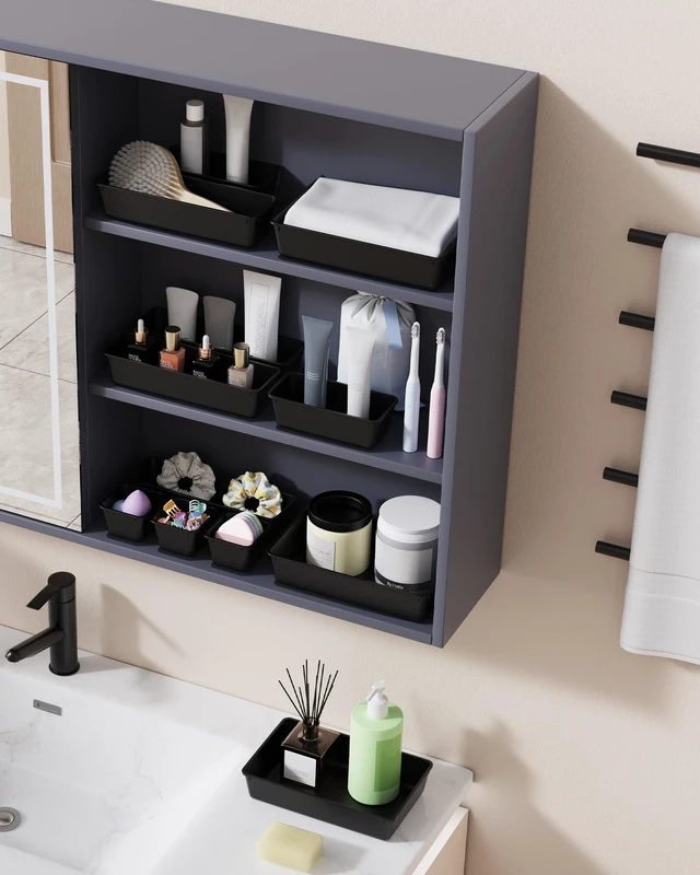 Alt view image 6 of 7 - 25 PCS Plastic Drawer Organizers Set, 4-Sizes Vanity and Makeup Organizer, Desk and bathroom Drawer Organizer Trays, Organizers and Storage for Makeup, Jewelry, Gadgets, Utensils (Black)
