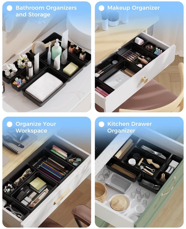 Alt view image 7 of 7 - 25 PCS Plastic Drawer Organizers Set, 4-Sizes Vanity and Makeup Organizer, Desk and bathroom Drawer Organizer Trays, Organizers and Storage for Makeup, Jewelry, Gadgets, Utensils (Black)