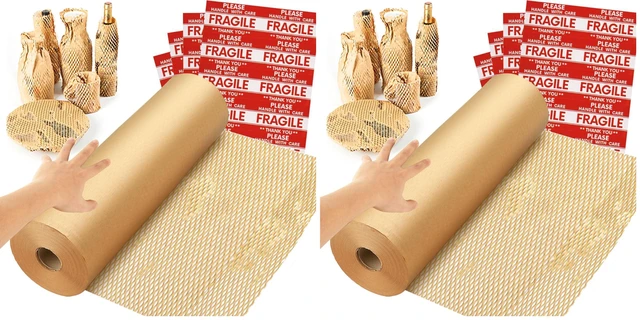 Main image of Honeycomb Packing Paper Wrap 15''x328', Substitute Alternative for Bubble Cushioning Wrap for Moving Shipping Packaging, Recyclable Moving Supplies with 48 Fragile Sticker Labels (Pack of 2)