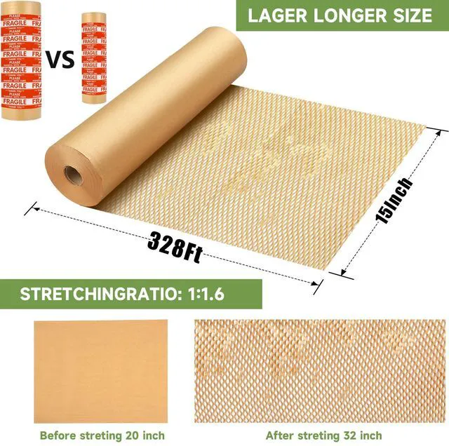 Alt view image 4 of 7 - Honeycomb Packing Paper Wrap 15''x328', Substitute Alternative for Bubble Cushioning Wrap for Moving Shipping Packaging, Recyclable Moving Supplies with 48 Fragile Sticker Labels (Pack of 2)