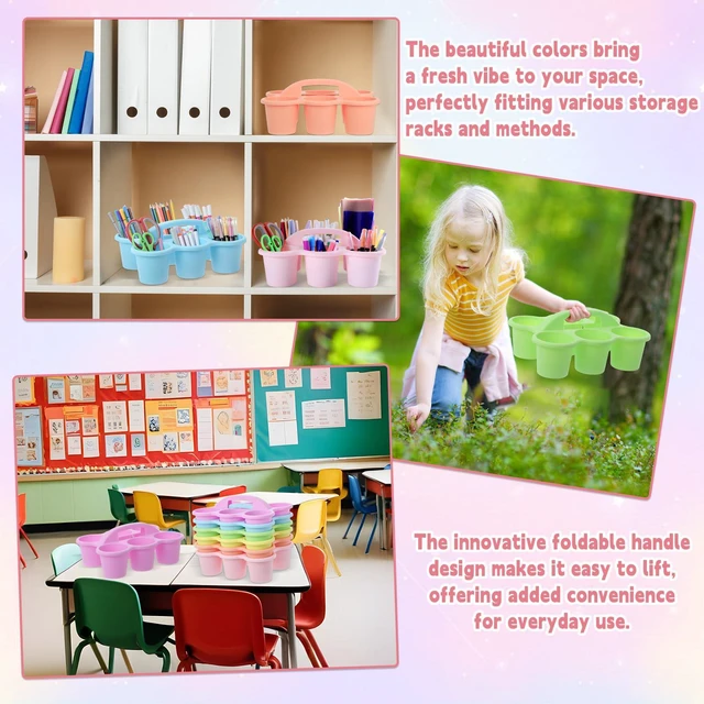 Alt view image 6 of 7 - 6 Pack Classroom Caddy Organizer with Handle, 6 Compartments, Pastel Stackable Plastic Table Caddies, 12x9x3.5 In, caddy Organizer for School Supplies, Crayons, Pencils, Crafts and Drink Cups