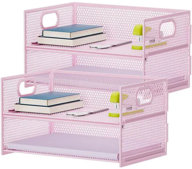 Main image of 2 Tier Paper Organizer Letter Tray, Mesh File Organizer with Handle, Paper Sorter Desk Organizer for Home Office Supplies - 2P Pink