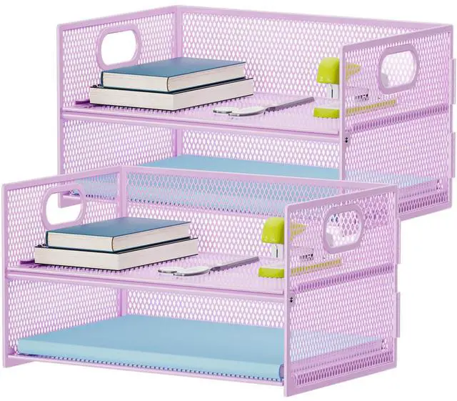 Main image of 2 Tier Paper Organizer Letter Tray, Mesh File Organizer with Handle, Paper Sorter Desk Organizer for Home Office Supplies - 2P Purple