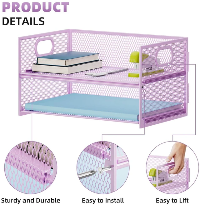 Alt view image 2 of 6 - 2 Tier Paper Organizer Letter Tray, Mesh File Organizer with Handle, Paper Sorter Desk Organizer for Home Office Supplies - 2P Purple