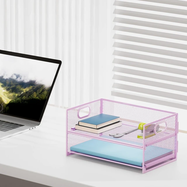 Alt view image 3 of 6 - 2 Tier Paper Organizer Letter Tray, Mesh File Organizer with Handle, Paper Sorter Desk Organizer for Home Office Supplies - 2P Purple