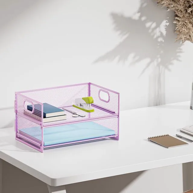 Alt view image 6 of 6 - 2 Tier Paper Organizer Letter Tray, Mesh File Organizer with Handle, Paper Sorter Desk Organizer for Home Office Supplies - 2P Purple