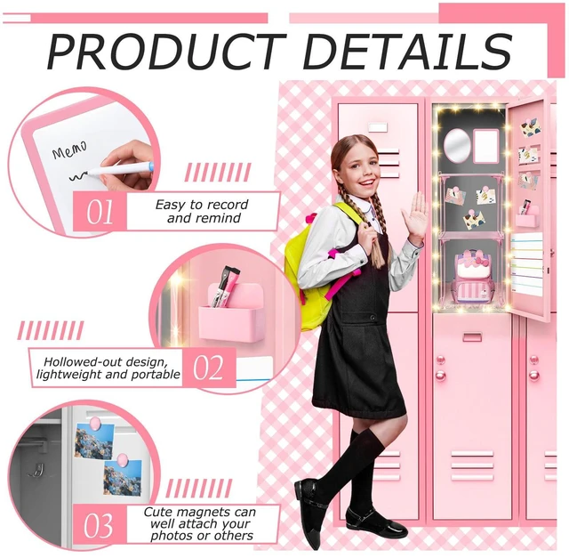 Alt view image 4 of 7 - 11 Pcs Back to School Locker Accessories Kit, Light Pink, Classic Locker Shelf Magnetic Mirror Rug Weekly Schedule Whiteboard Pen Holder Marker and More, Locker Decor and Storage Needs