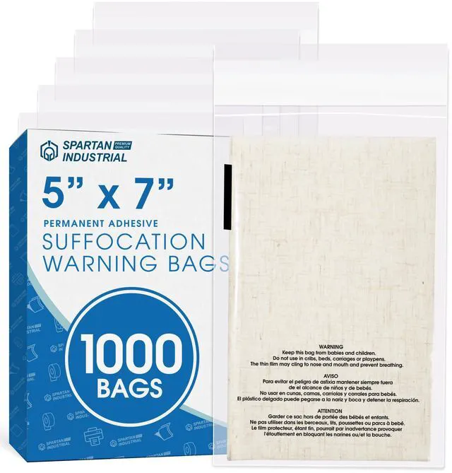 Main image of 5 X 7 (1000 Count) Self Seal Clear Poly Bags with Suffocation Warning for Packaging, T Shirts - Permanent Adhesive