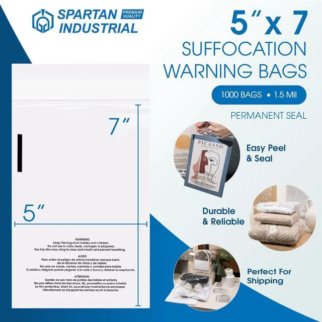 Alt view image 3 of 7 - 5 X 7 (1000 Count) Self Seal Clear Poly Bags with Suffocation Warning for Packaging, T Shirts - Permanent Adhesive