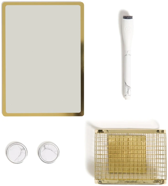 Main image of Magnetic Locker Accessories & Decor Kit, Elevated Gold Back to school ready: five pieces in all - dry erase mirror, cup, marker and two magnets, each backed to grip steel