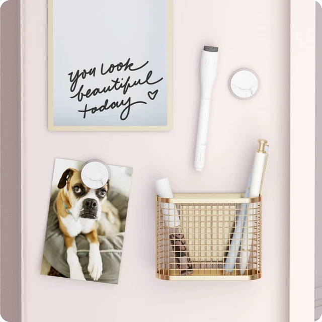 Alt view image 2 of 7 - Magnetic Locker Accessories & Decor Kit, Elevated Gold Back to school ready: five pieces in all - dry erase mirror, cup, marker and two magnets, each backed to grip steel