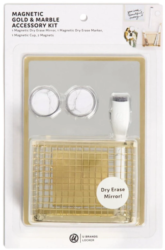 Alt view image 5 of 7 - Magnetic Locker Accessories & Decor Kit, Elevated Gold Back to school ready: five pieces in all - dry erase mirror, cup, marker and two magnets, each backed to grip steel