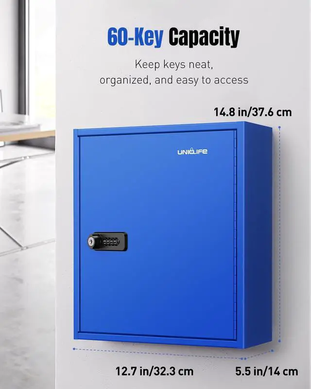 Alt view image 3 of 7 - 60 Keys Key Lock Box with Code, Wall Mount Key Box, Key Cabinet with Key Racks and Tags, Lock Box for Keys, Key Lockbox, Key Storage Box for Home Office & Company, Blue