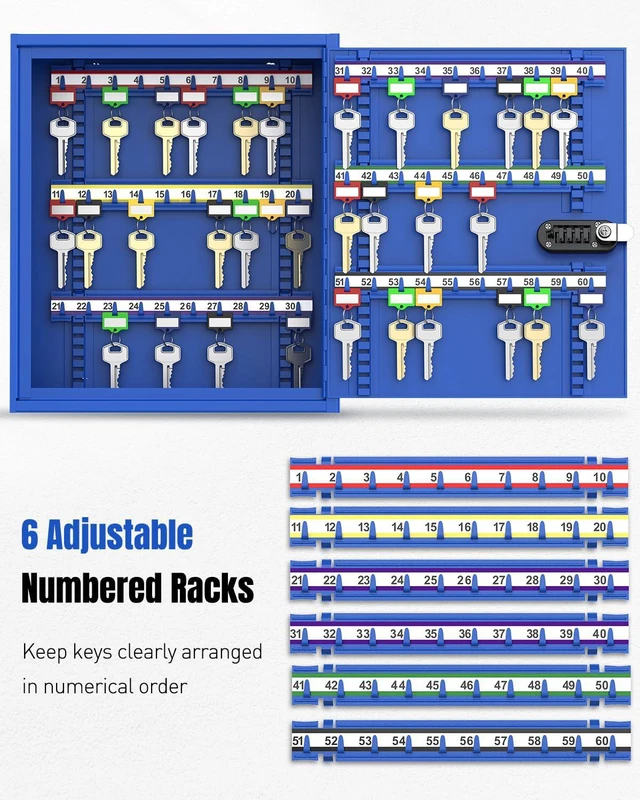 Alt view image 6 of 7 - 60 Keys Key Lock Box with Code, Wall Mount Key Box, Key Cabinet with Key Racks and Tags, Lock Box for Keys, Key Lockbox, Key Storage Box for Home Office & Company, Blue